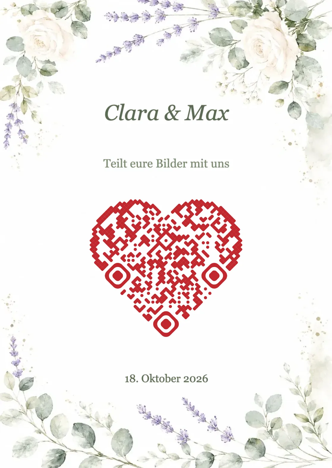 Hochzeit QR-Code Vorlage mit Aquarell-Blumen und QR-Code in Herzform, A6 Hochformat