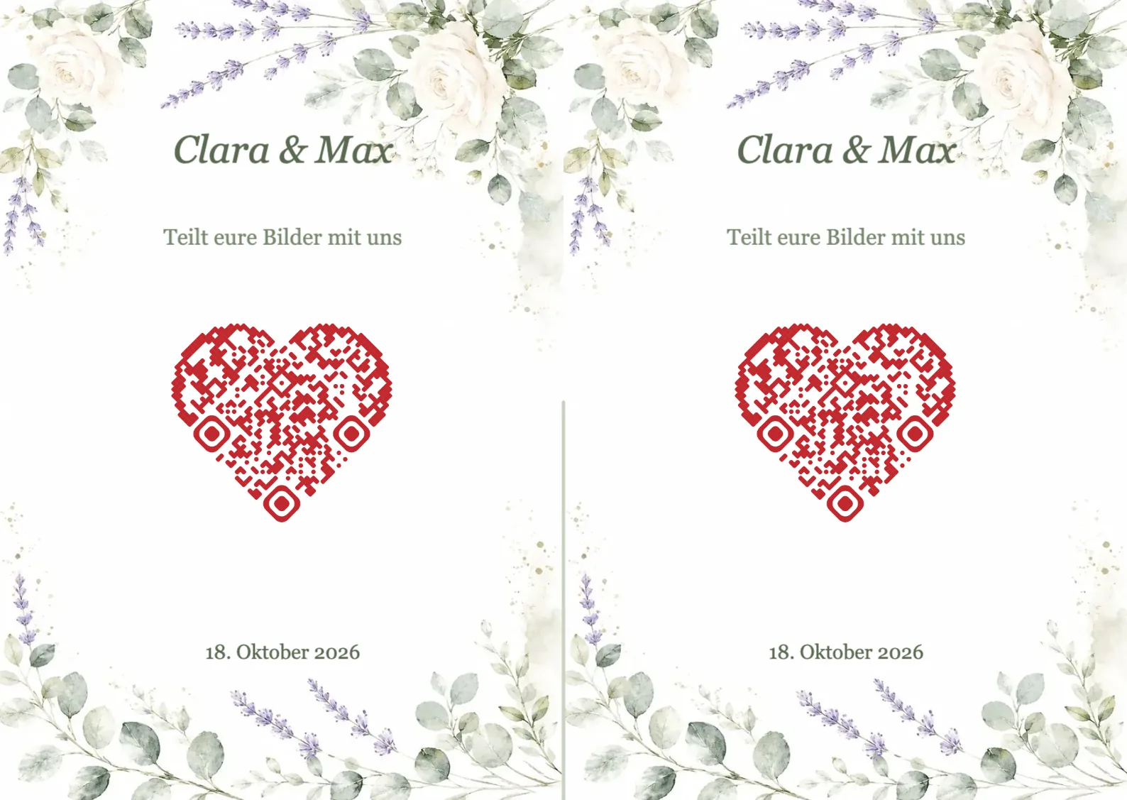 Hochzeit QR-Code Vorlage mit Aquarell-Blumen und QR-Code in Herzform, A6 Querformat zum Falten