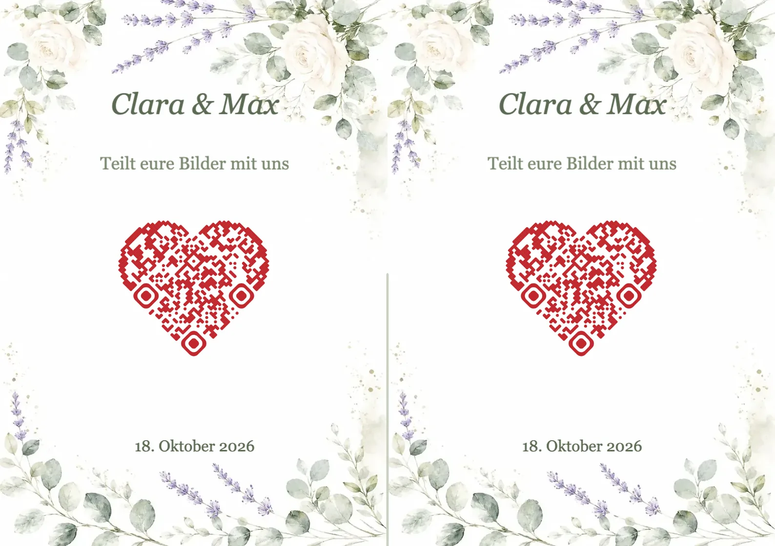 Hochzeit QR-Code Vorlage mit Aquarell-Blumen und QR-Code in Herzform, A7 Querformat zum Falten