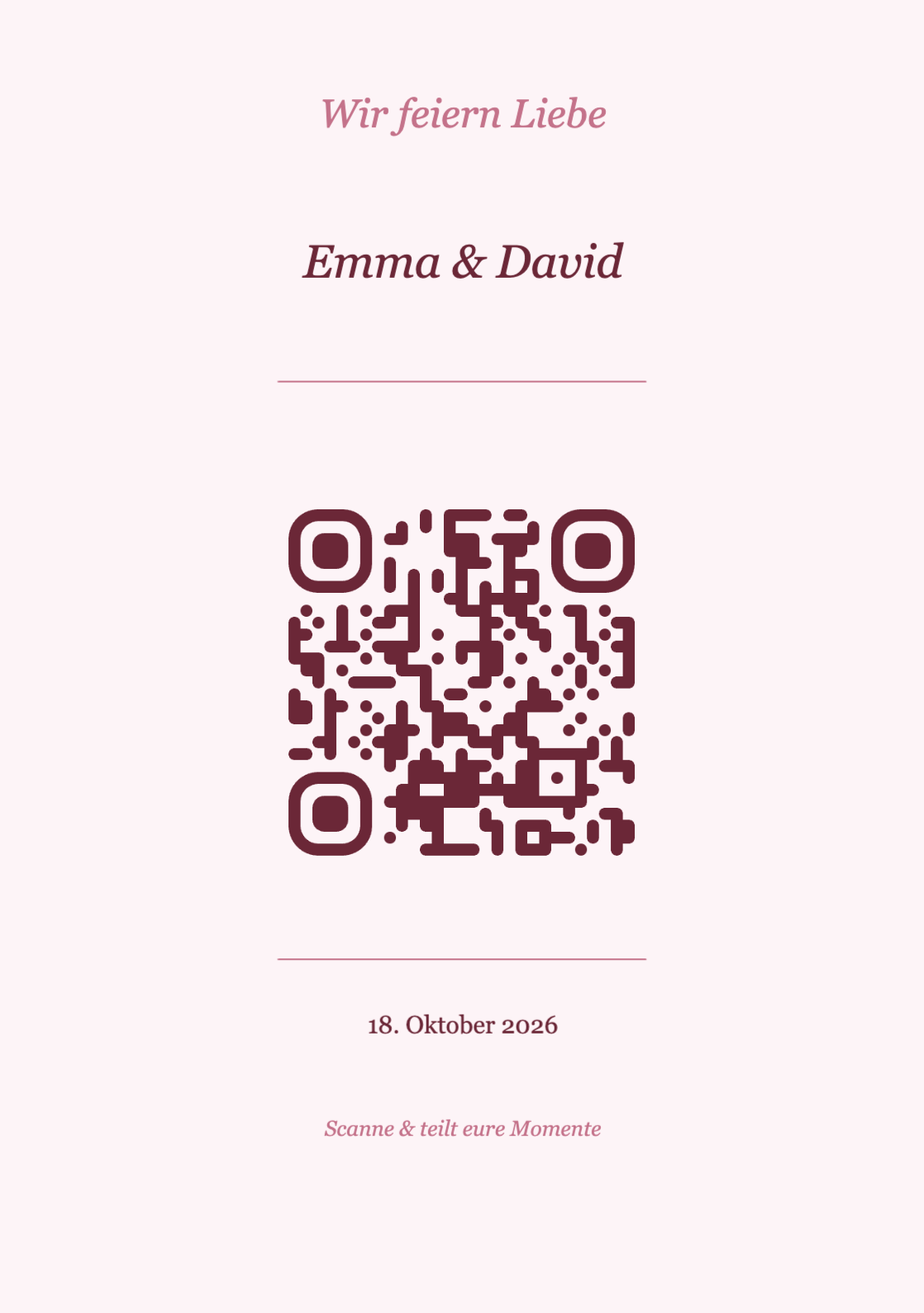 Hochzeit QR-Code Tischkarte Vorlage – Romantisch A5 Hochformat