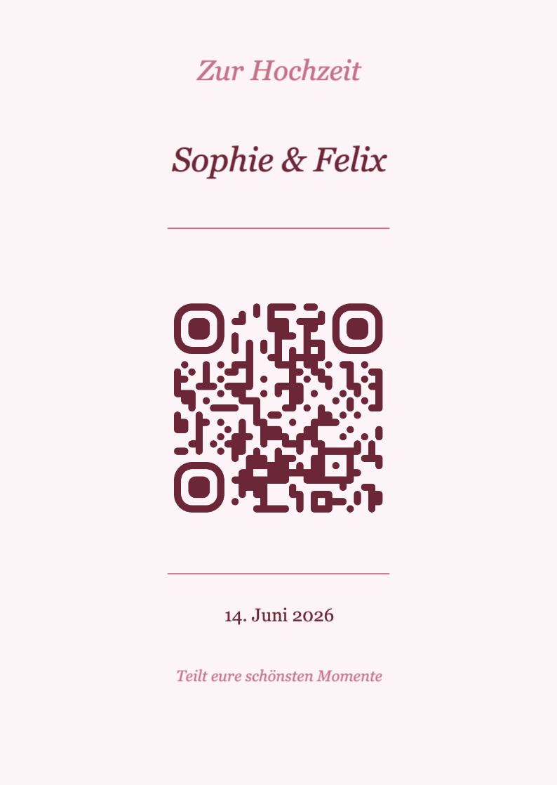 Hochzeit QR-Code Tischkarte Vorlage – Romantisch A6 Hochformat