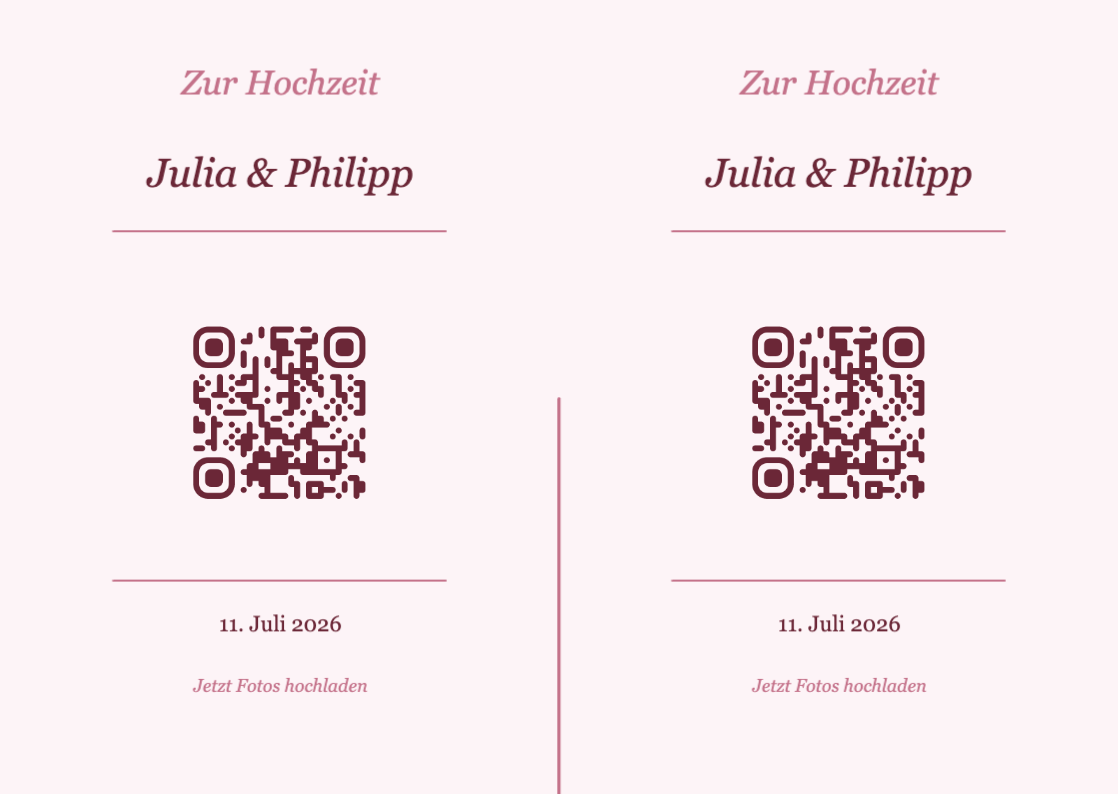 Hochzeit QR-Code Tischkarte Vorlage – Romantisch A6 Querformat