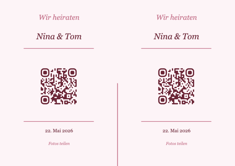 Hochzeit QR-Code Tischkarte Vorlage – Romantisch A7 Querformat
