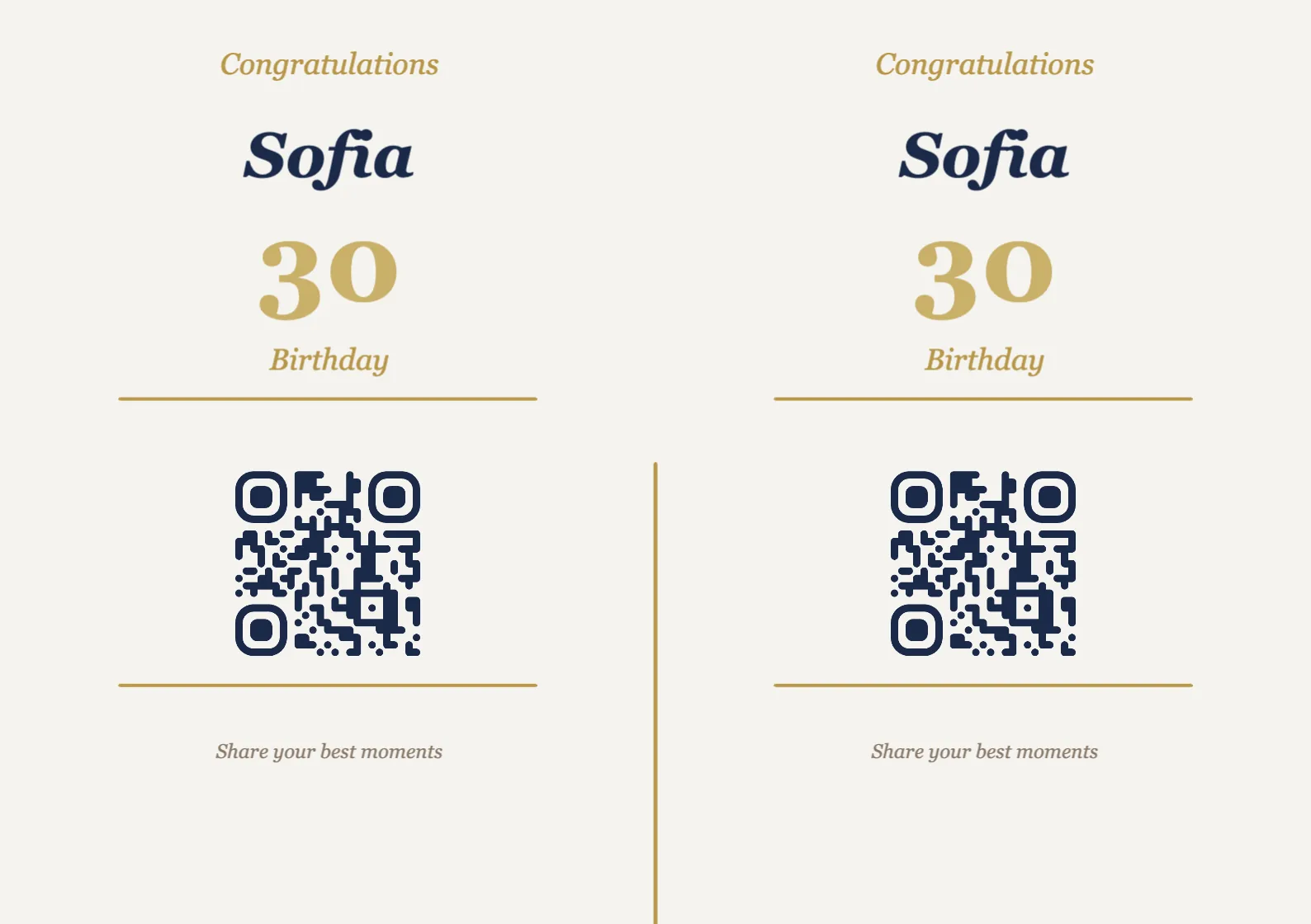 Birthday QR code table sign template, Elegant A7 landscape for folding