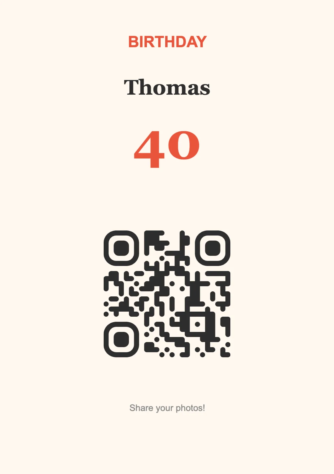 Birthday print template with a QR code for uploading guest photos
