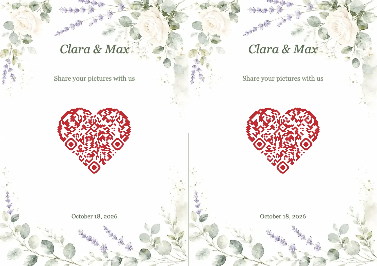 Wedding QR code template with watercolour flowers and a heart shaped QR code, A4 landscape for folding