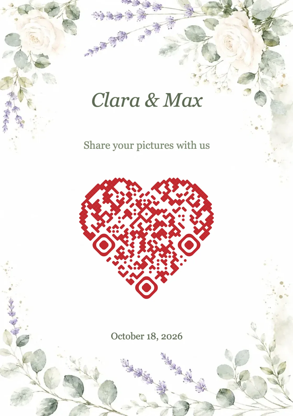 Wedding print template with a heart-shaped QR code, watercolor flowers, the couple's names and the date