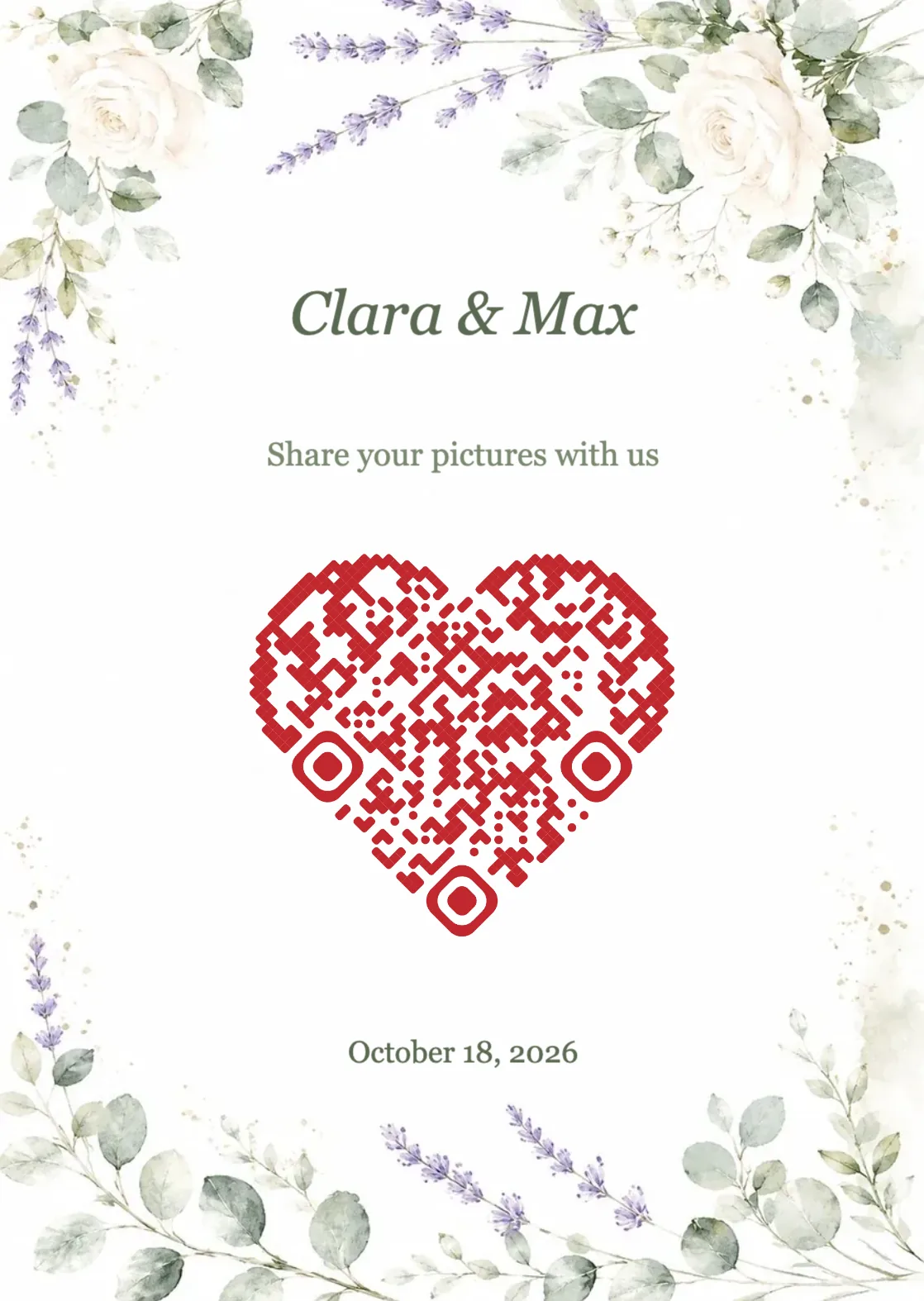 Wedding QR code template with watercolour flowers and a heart shaped QR code, A6 portrait