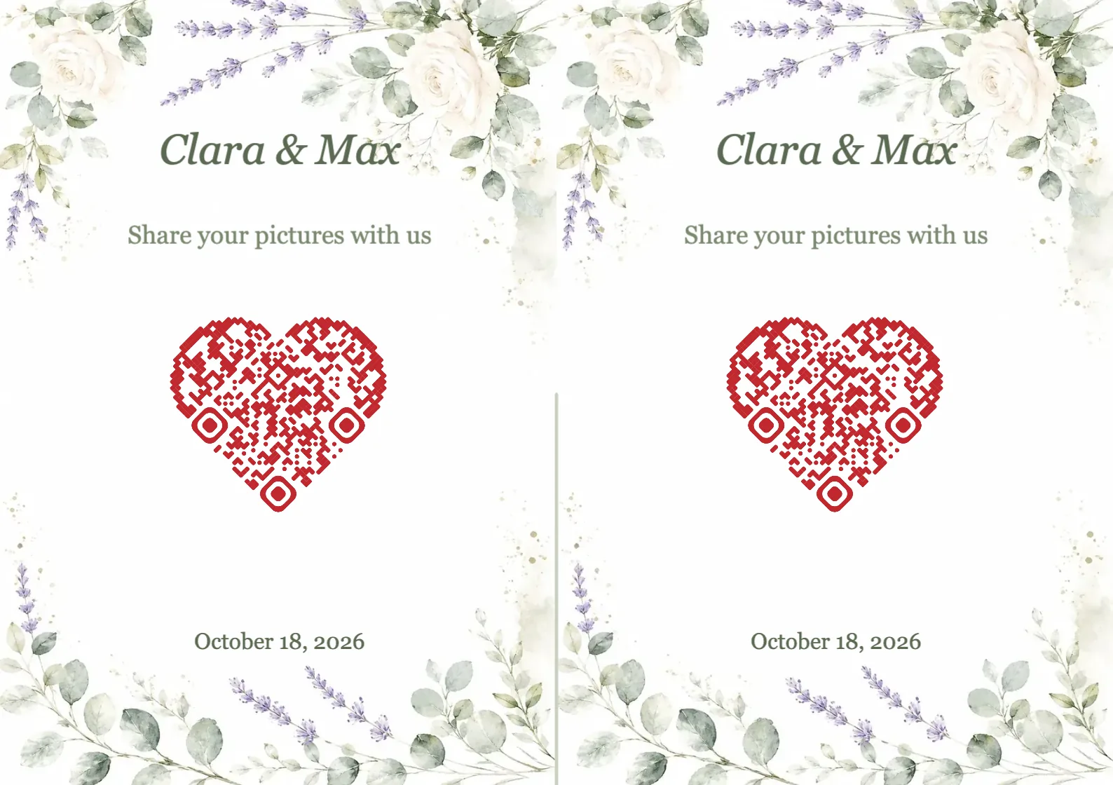 Wedding QR code template with watercolour flowers and a heart shaped QR code, A7 landscape for folding
