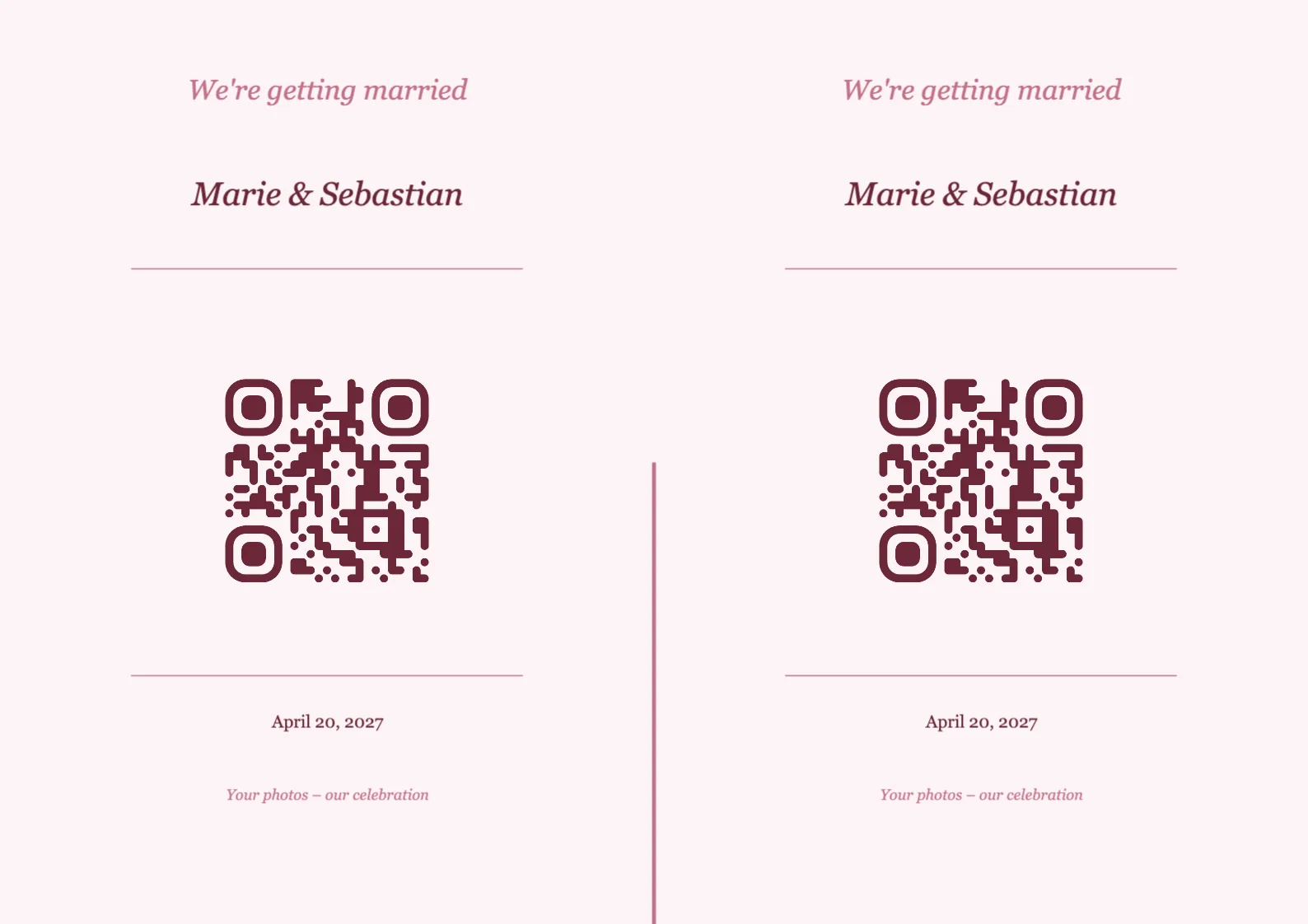 Wedding QR code place card template, Romantic A4 landscape for folding