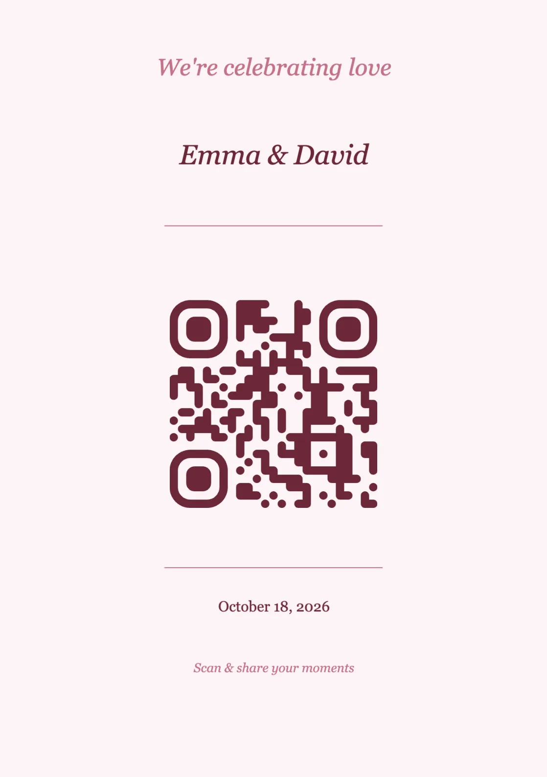 Wedding QR code place card template, Romantic A5 portrait