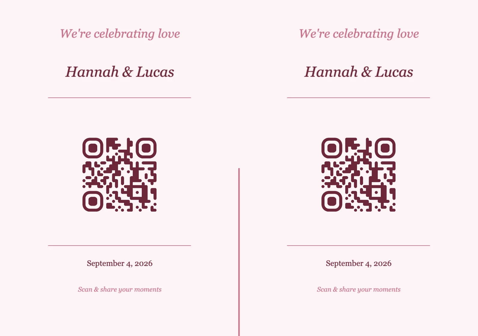 Wedding QR code place card template, Romantic A5 landscape for folding