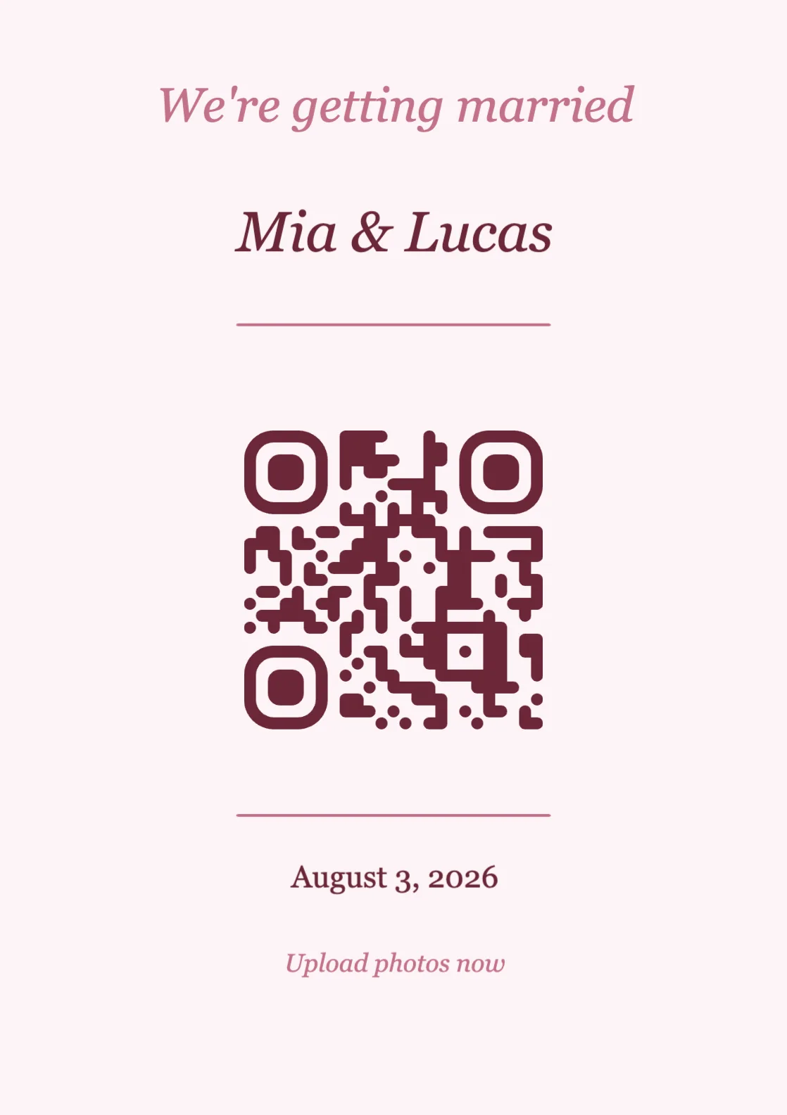 Wedding QR code place card template, Romantic A7 portrait