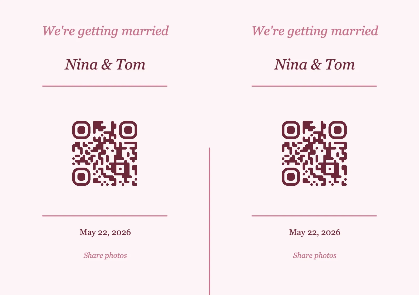 Wedding QR code place card template, Romantic A7 landscape for folding