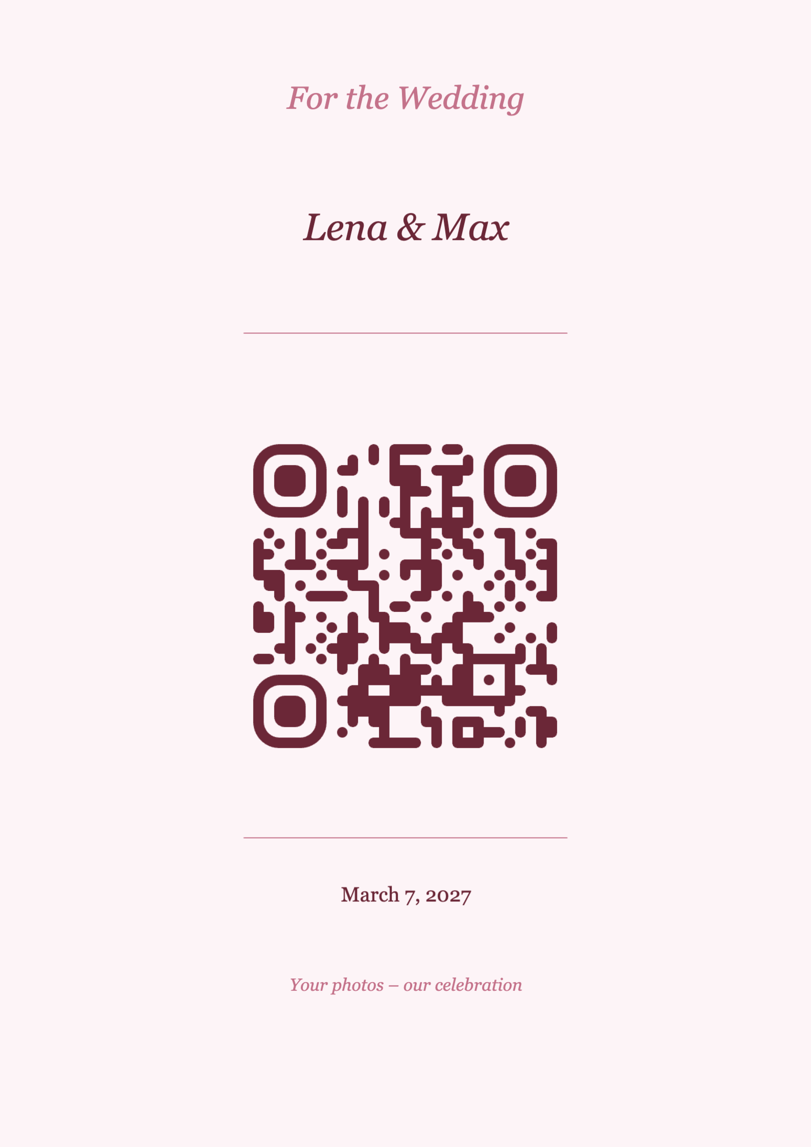 Wedding QR Code Table Card Template – Romantic A4 Portrait