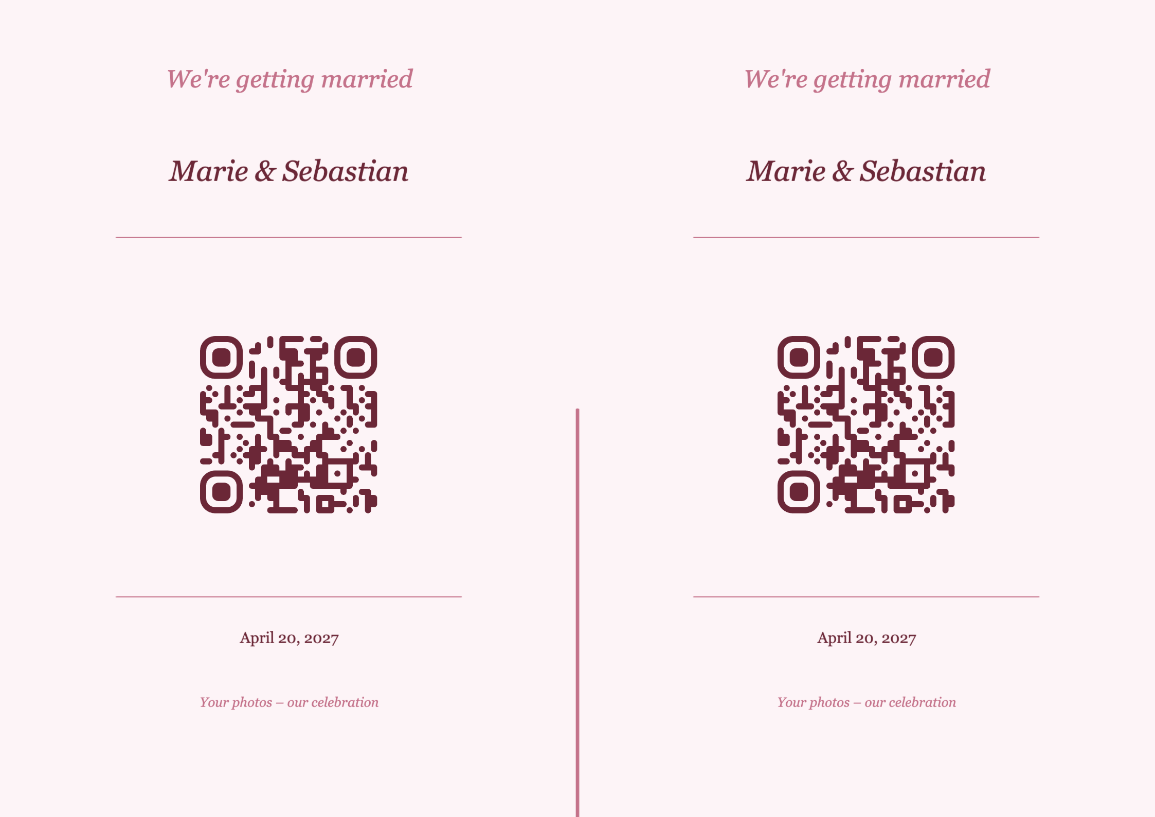 Wedding QR Code Table Card Template – Romantic A4 Landscape