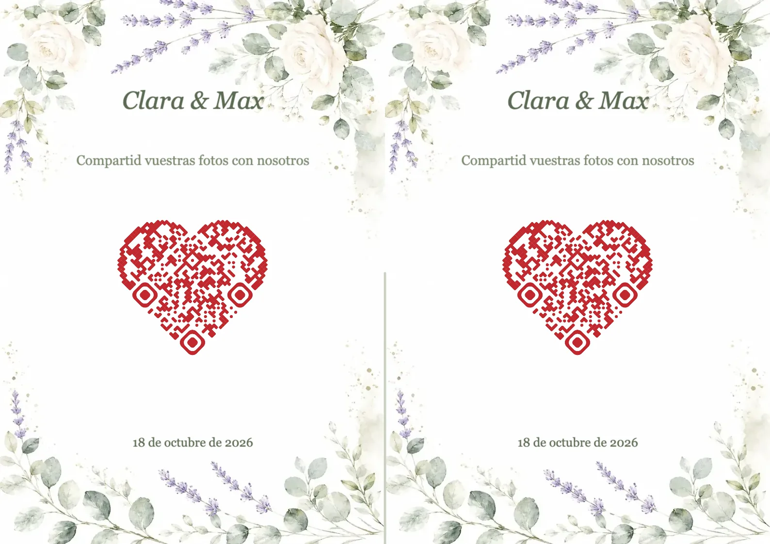 Plantilla de boda con flores de acuarela y código QR en forma de corazón, A4 horizontal para plegar