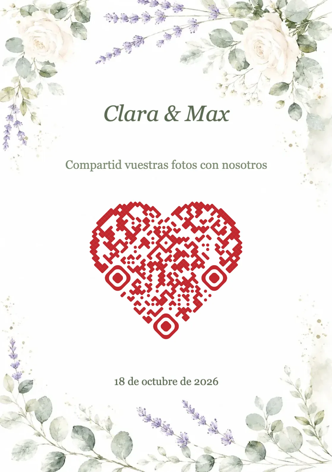 Plantilla de boda con flores de acuarela y código QR en forma de corazón, A5 vertical