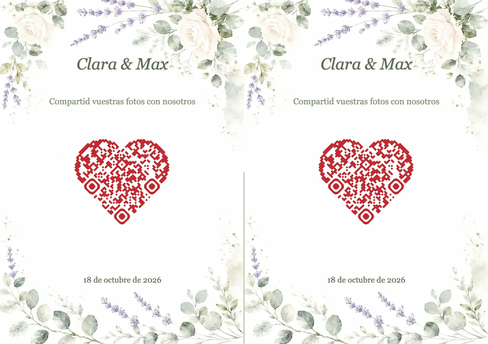 Plantilla de boda con flores de acuarela y código QR en forma de corazón, A5 horizontal para plegar