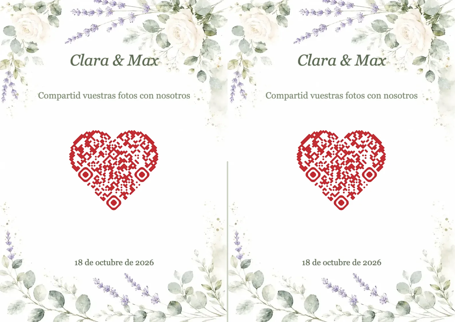 Plantilla de boda con flores de acuarela y código QR en forma de corazón, A6 horizontal para plegar
