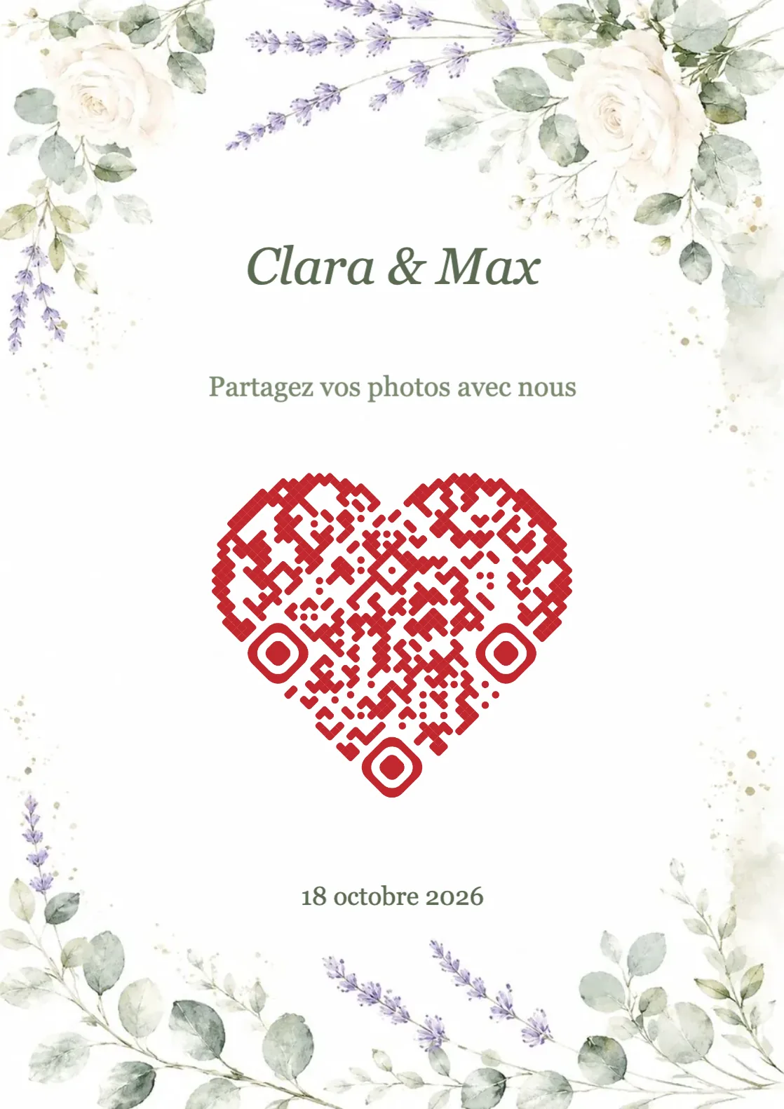 Modèle de mariage avec fleurs aquarelle et QR code en forme de cœur, A4 portrait