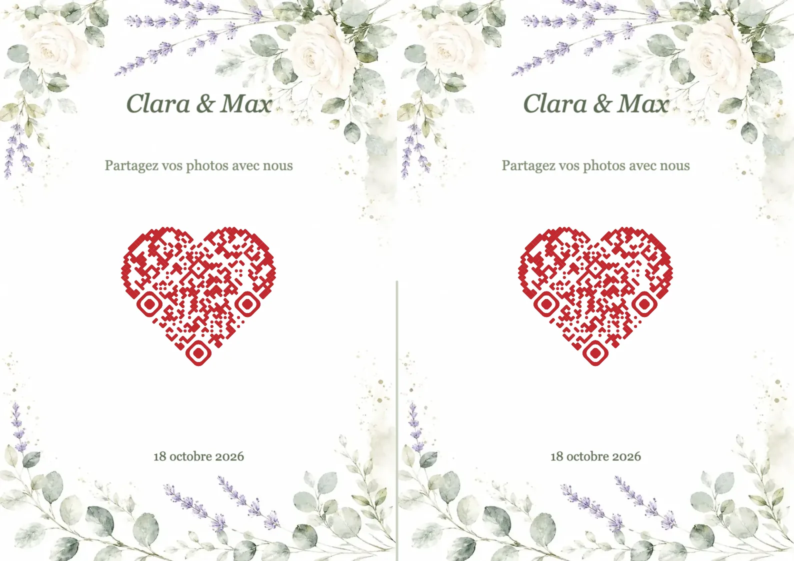 Modèle de mariage avec fleurs aquarelle et QR code en forme de cœur, A4 paysage à plier