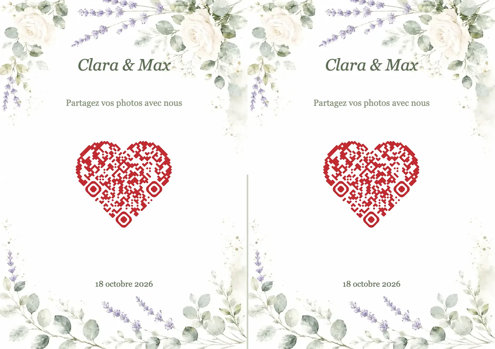 Modèle de mariage avec fleurs aquarelle et QR code en forme de cœur, A5 paysage à plier
