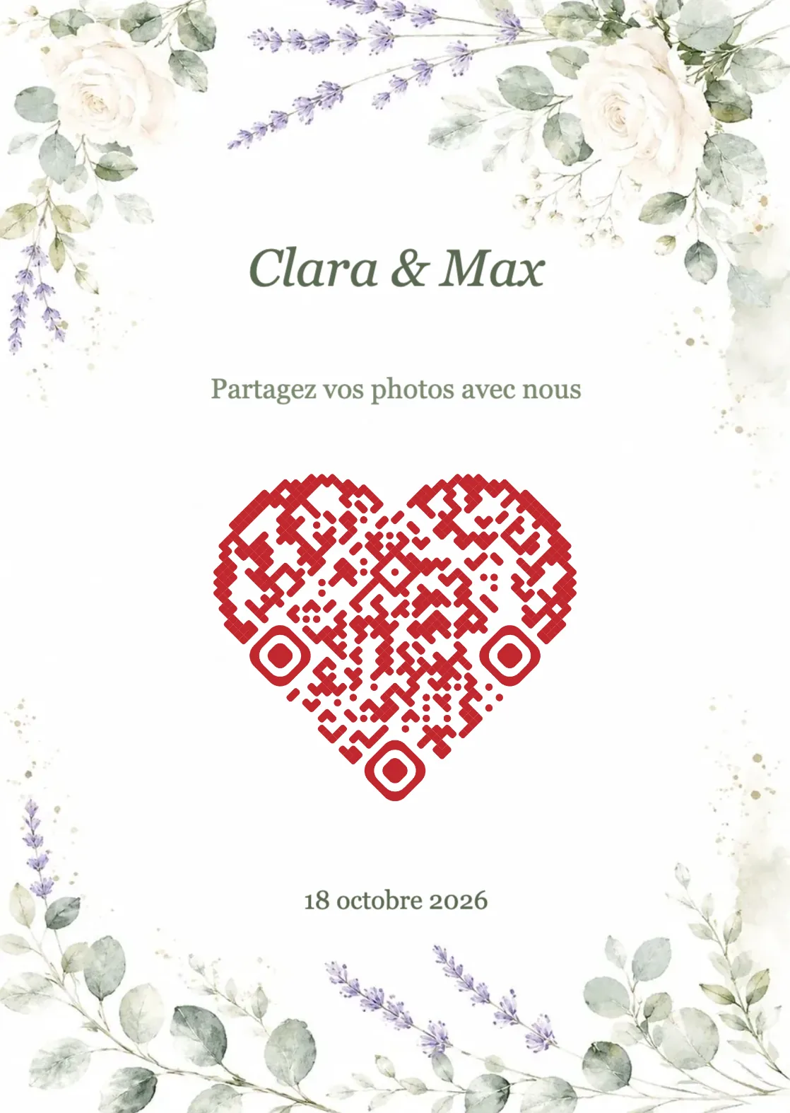 Modèle de mariage avec fleurs aquarelle et QR code en forme de cœur, A6 portrait