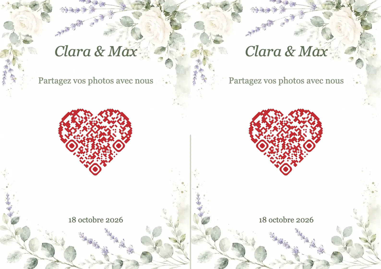 Modèle de mariage avec fleurs aquarelle et QR code en forme de cœur, A7 paysage à plier