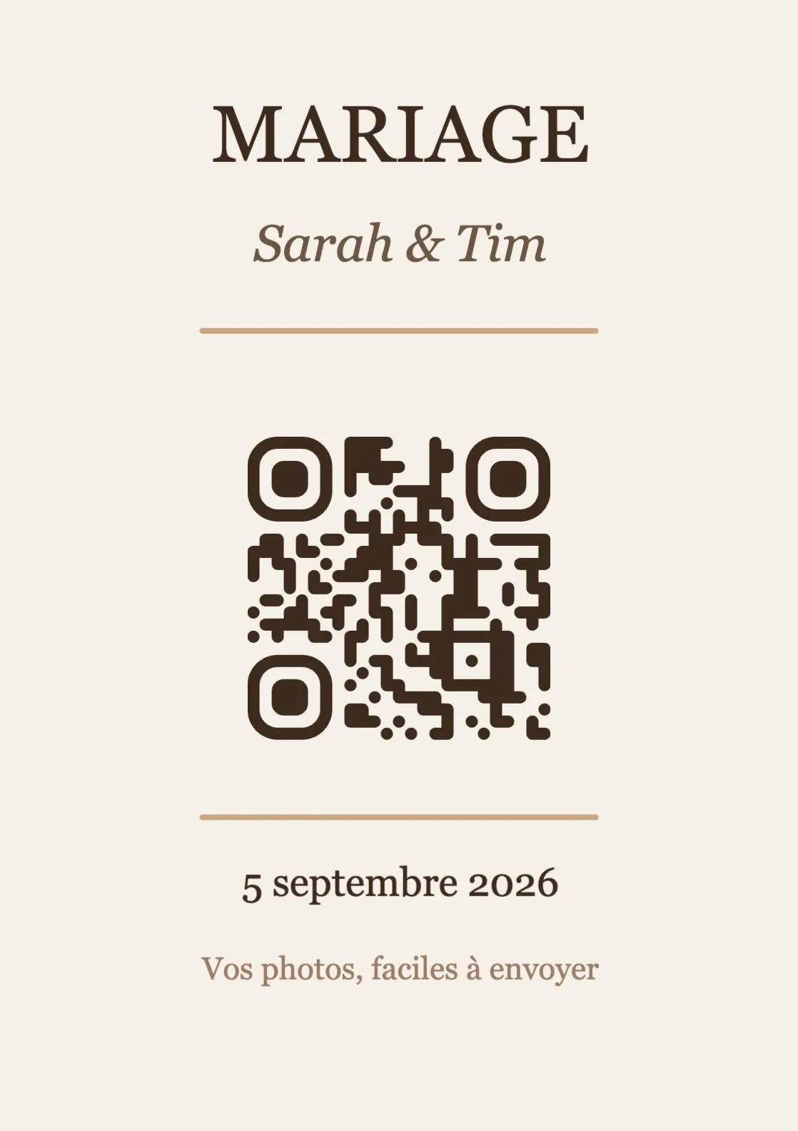 Modèle de marque-place avec QR code pour mariage, Élégant A7 portrait