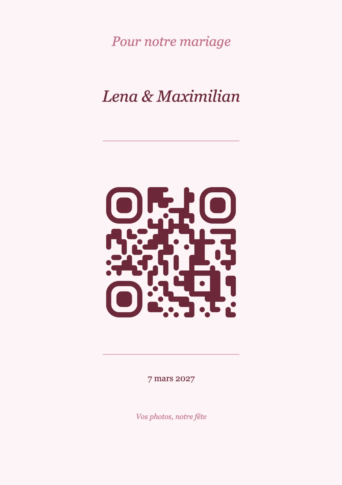 Modèle de marque-place avec QR code pour mariage, Romantique A4 portrait