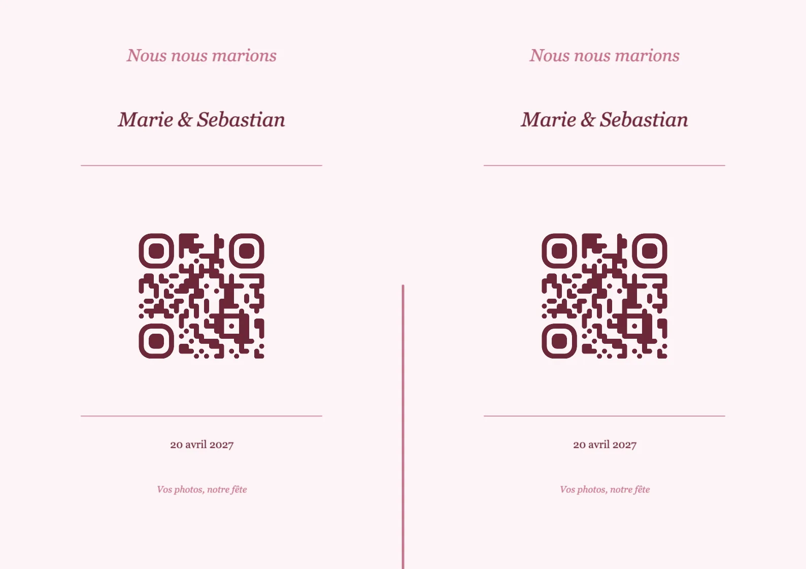 Modèle de marque-place avec QR code pour mariage, Romantique A4 paysage à plier
