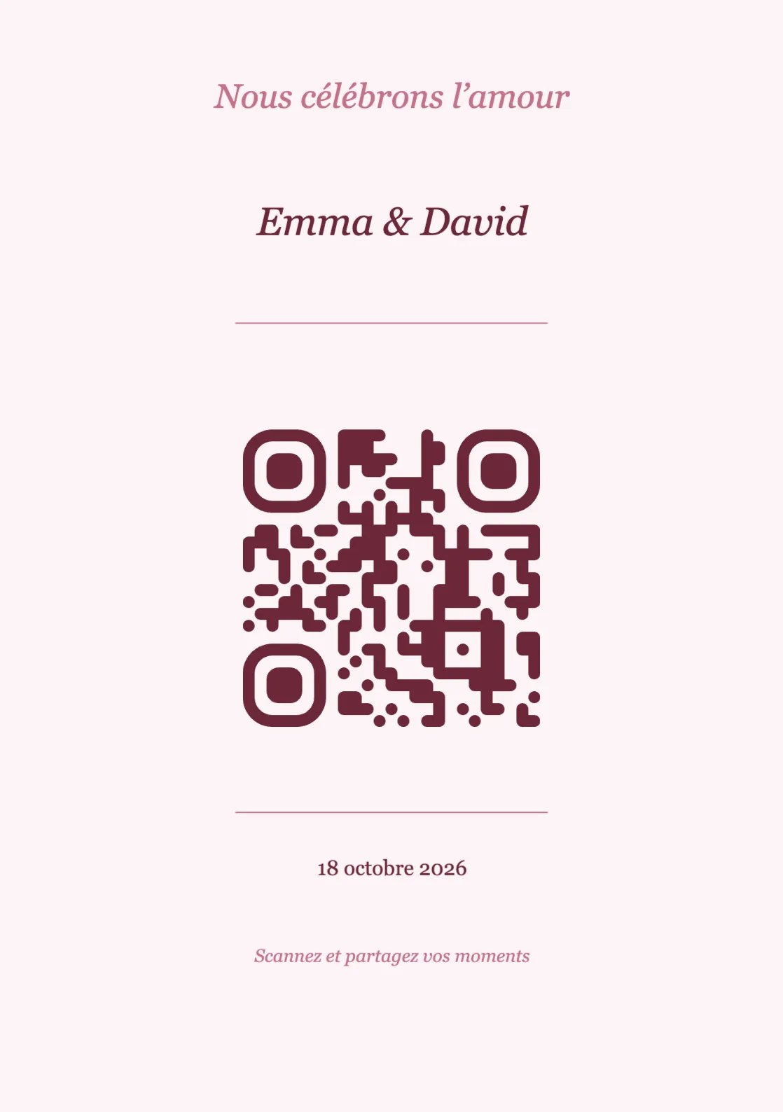 Modèle de marque-place avec QR code pour mariage, Romantique A5 portrait