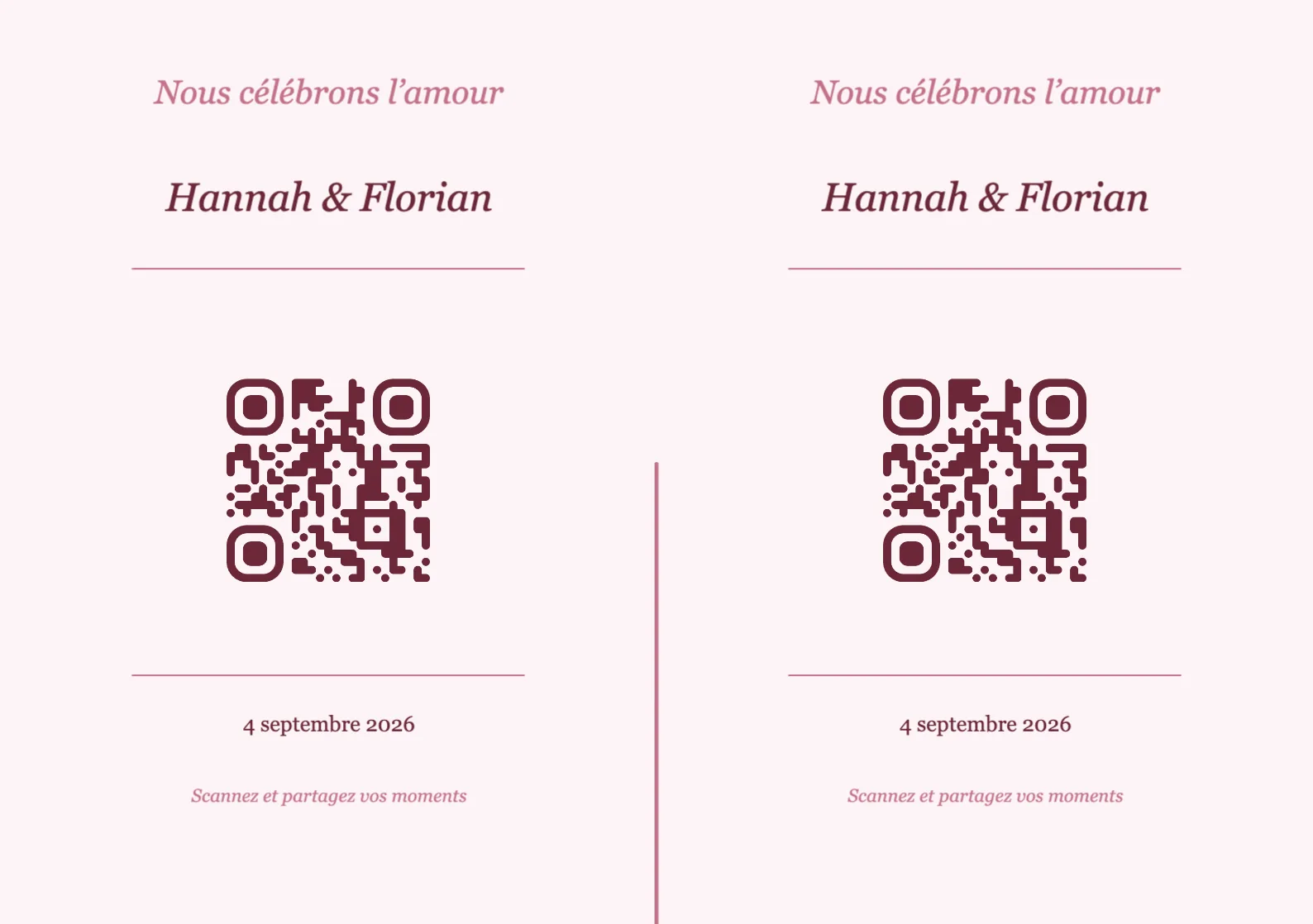 Modèle de marque-place avec QR code pour mariage, Romantique A5 paysage à plier