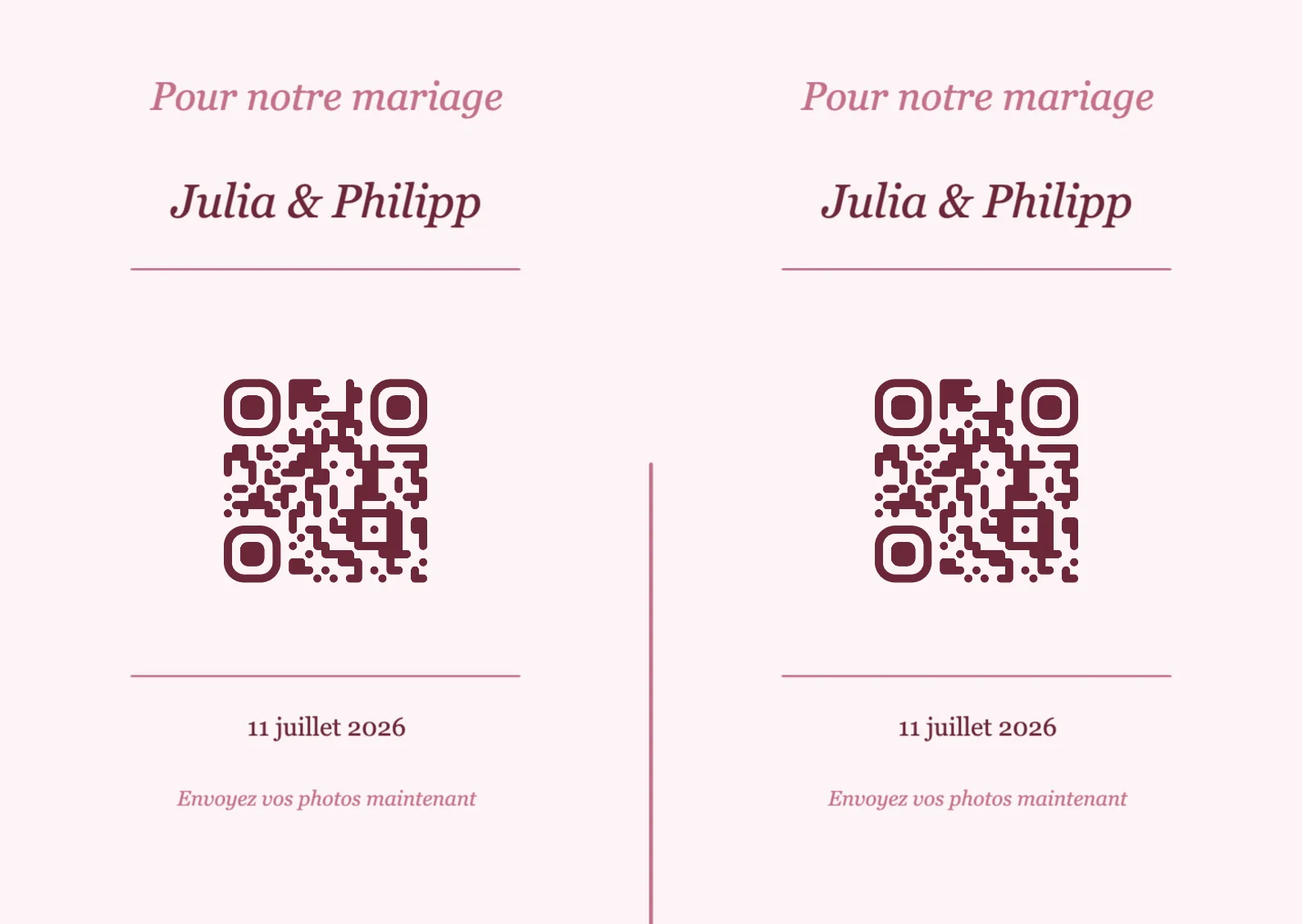Modèle de marque-place avec QR code pour mariage, Romantique A6 paysage à plier