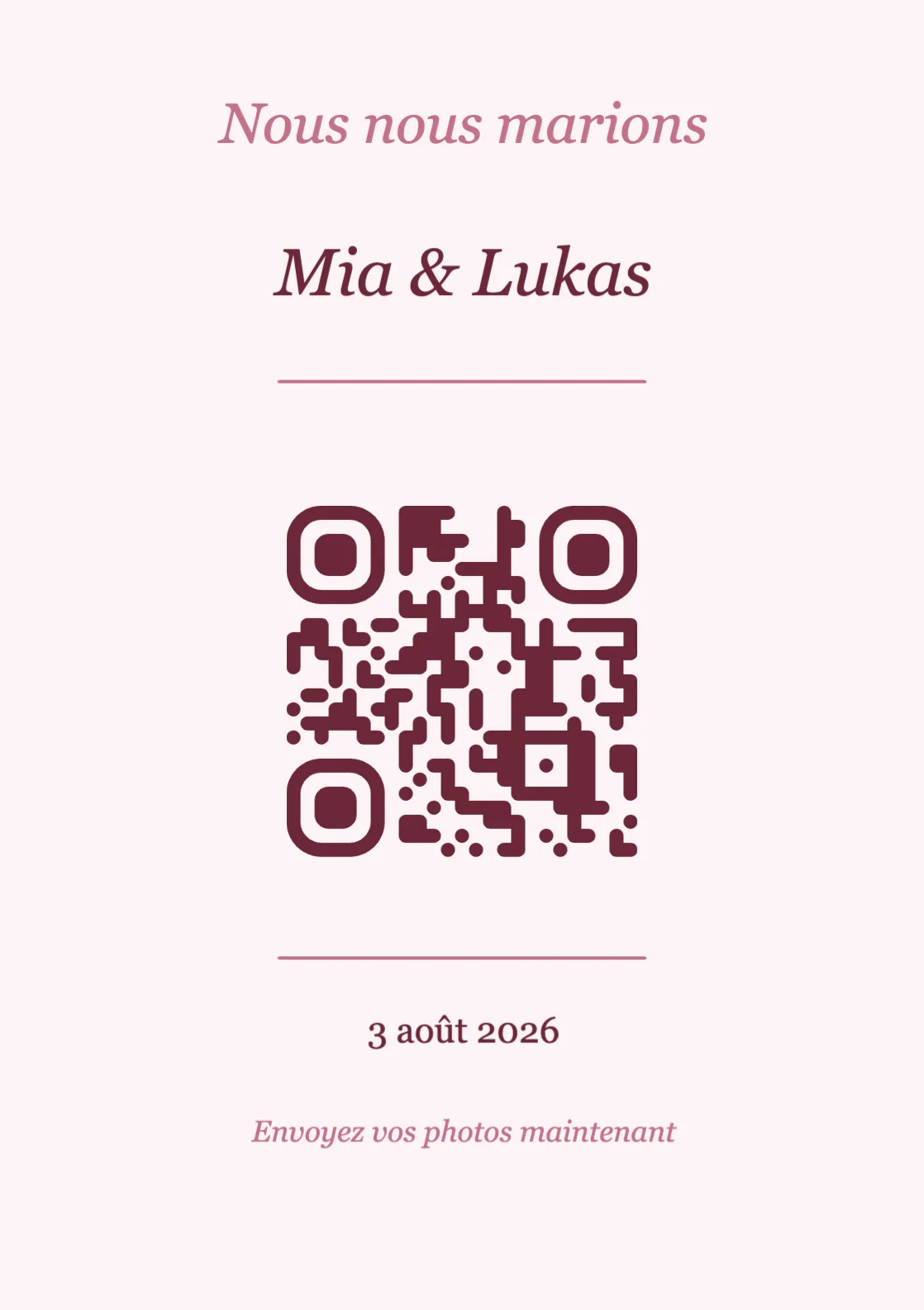 Modèle de marque-place avec QR code pour mariage, Romantique A7 portrait