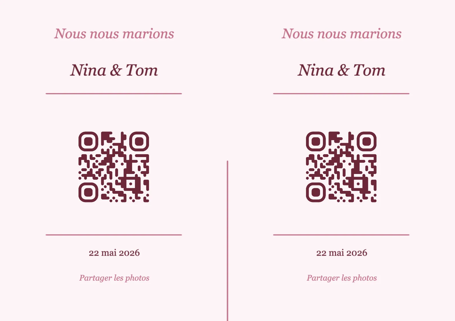 Modèle de marque-place avec QR code pour mariage, Romantique A7 paysage à plier