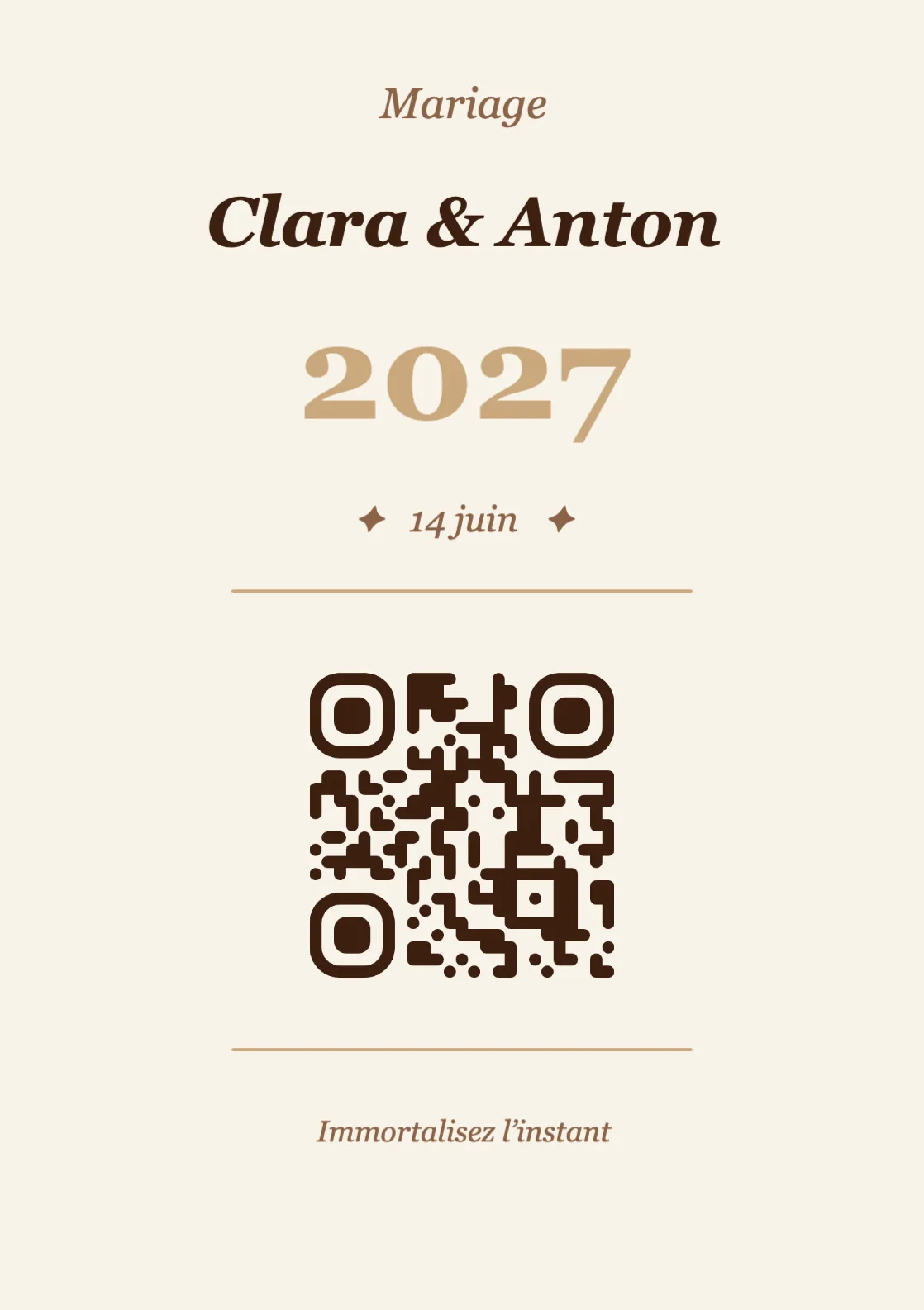 Modèle de marque-place avec QR code pour mariage, Vintage A7 portrait