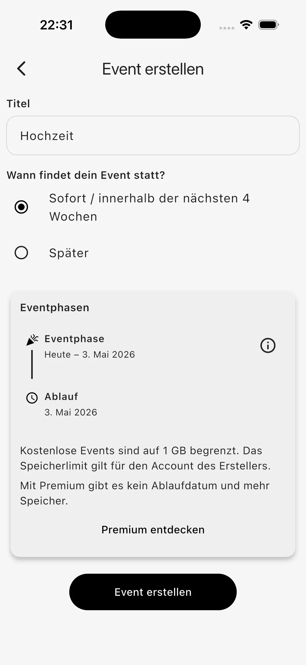 EventPics App – Event erstellen