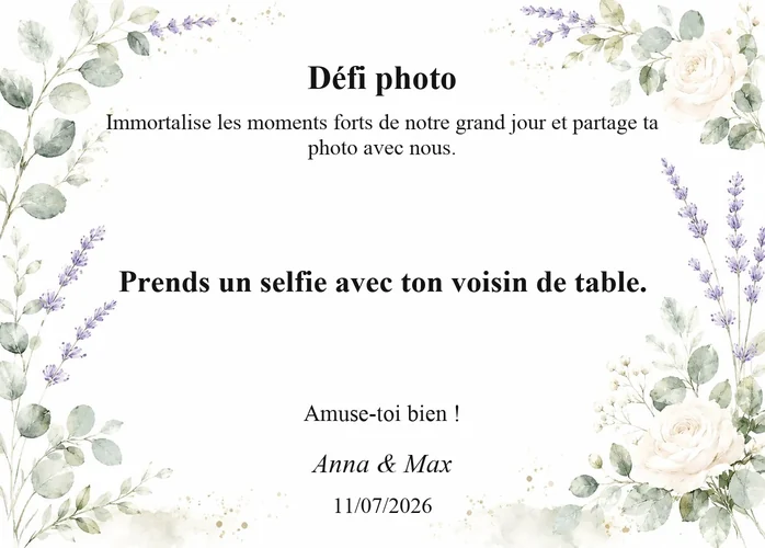 Carte de défi photo de mariage au design floral avec la mission : Prends un selfie avec ton voisin de table