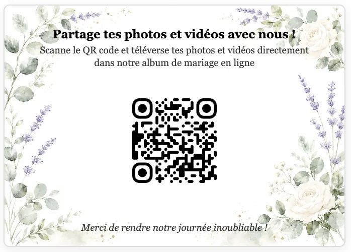 Dos de la carte de défi photo : code QR pour téléverser les photos dans l’album de mariage en ligne
