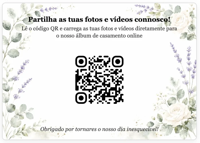 Verso do cartão do desafio fotográfico: código QR para carregar as fotos para o álbum de casamento online