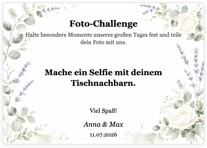Foto Challenge Karte für die Hochzeit im Blumen-Design mit der Aufgabe: Mache ein Selfie mit deinem Tischnachbarn