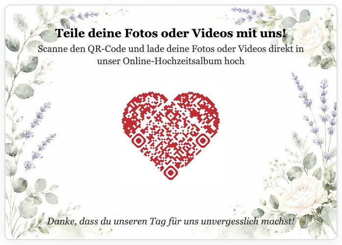 Rückseite der Foto Challenge Karte mit QR-Code in Herzform zum Hochladen der Fotos ins Online-Hochzeitsalbum