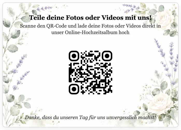 Rückseite der Foto Challenge Karte: QR-Code zum Hochladen der Fotos ins Online-Hochzeitsalbum