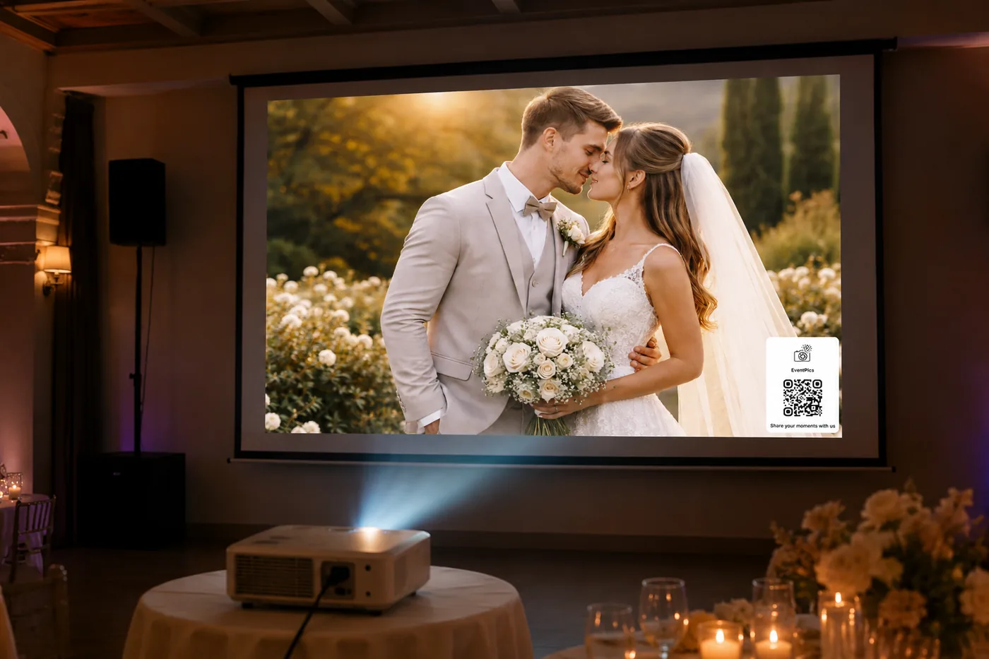 Live slideshow at a wedding reception: a projector shows guest photos with an EventPics QR code on a screen