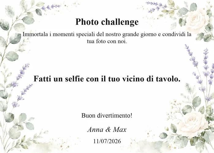 Carta della photo challenge di matrimonio con design floreale e il compito: Fatti un selfie con il tuo vicino di tavolo