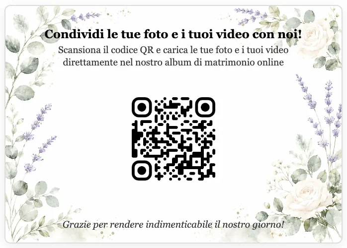 Retro della carta della photo challenge: codice QR per caricare le foto nell’album di matrimonio online