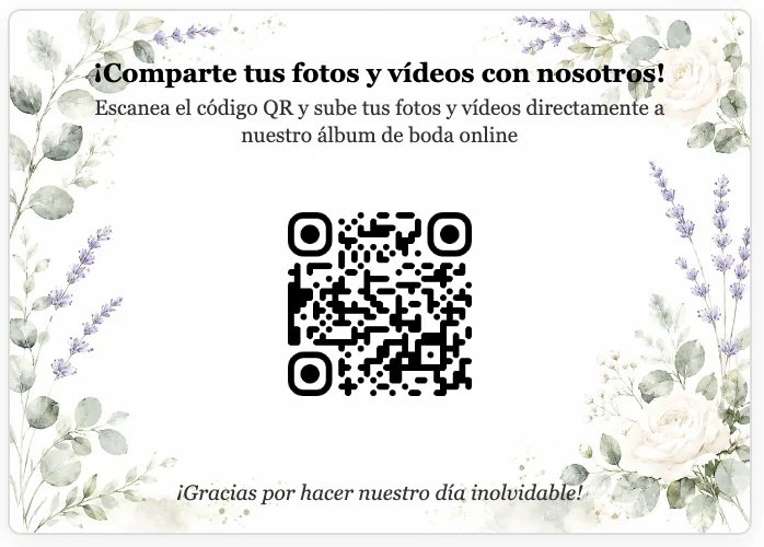 Reverso de la tarjeta del reto fotográfico: código QR para subir las fotos al álbum de boda online