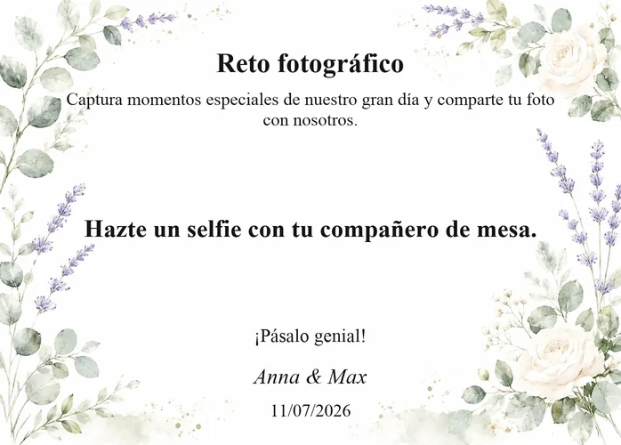Tarjeta del reto fotográfico de boda con diseño floral y la tarea: Hazte un selfie con tu compañero de mesa